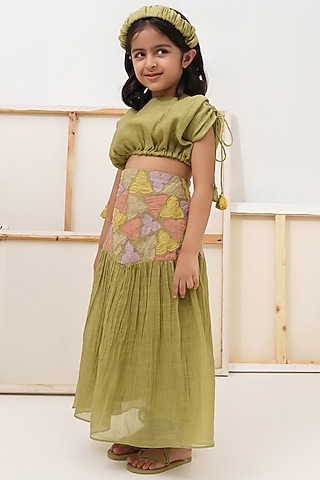 Green Embroidered Skirt Set For Girls by The Right Cut Kids