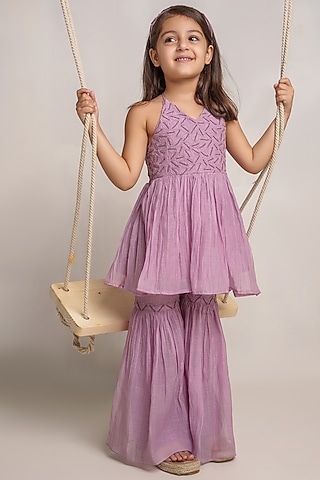 Lavender Cotton Chanderi Gharara Set For Girls by The Right Cut Kids