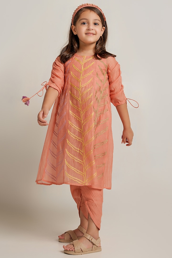 Peach Cotton Chanderi Kurta Set For Girls by The Right Cut Kids