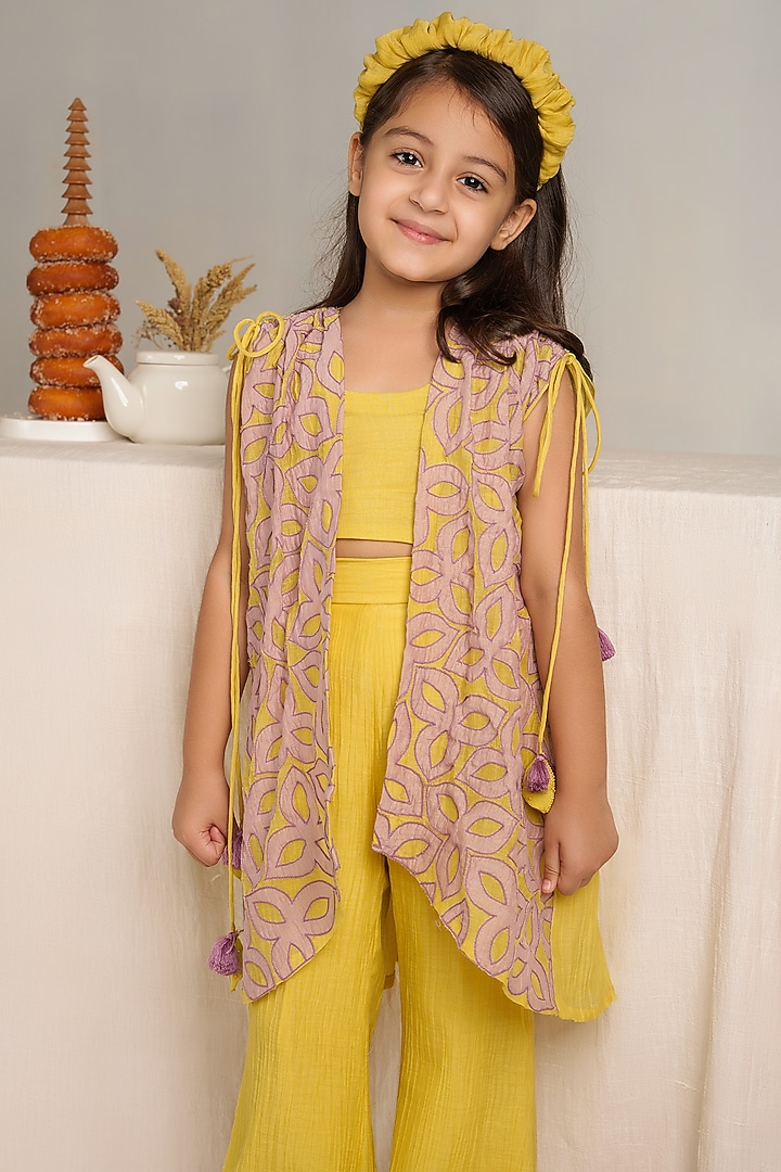 Yellow Embroidered Jacket Set For Girls by The Right Cut Kids at Pernia's Pop Up Shop