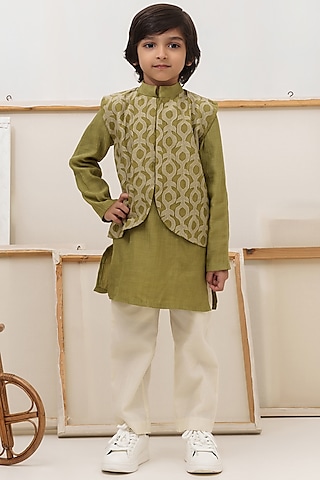 Green Nehru Jacket With Kurta Set For Boys by The Right Cut Kids