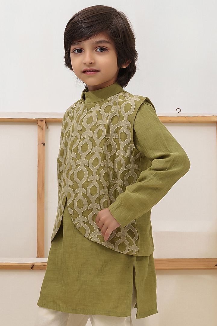 Green Nehru Jacket With Kurta Set For Boys by The Right Cut Kids at Pernia's Pop Up Shop