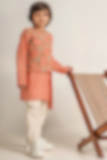 Peach Embroidered Kurta Set For Boys by The Right Cut Kids