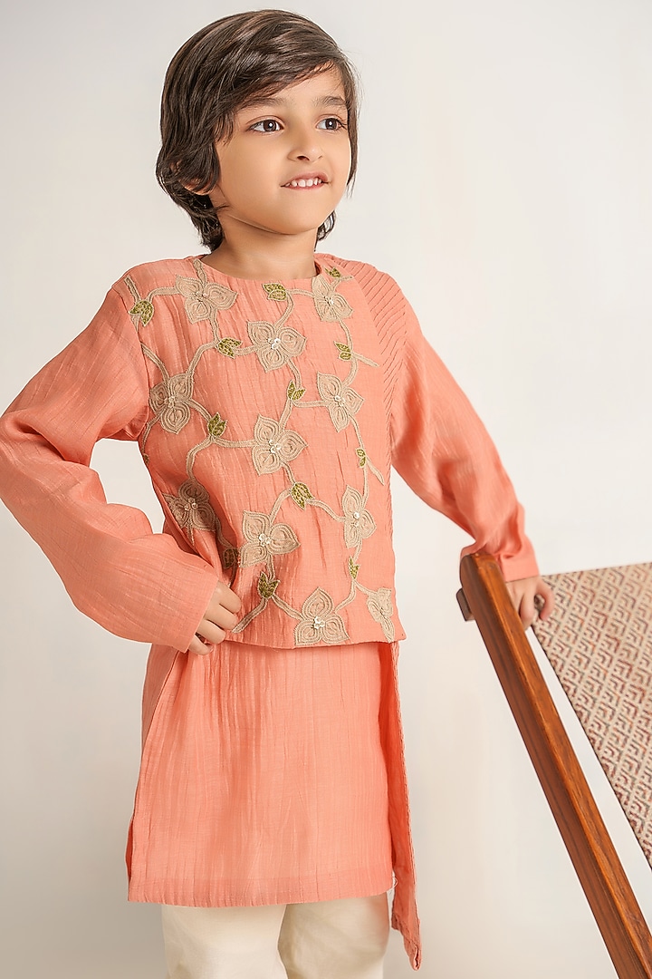 Peach Embroidered Kurta Set For Boys by The Right Cut Kids at Pernia's Pop Up Shop