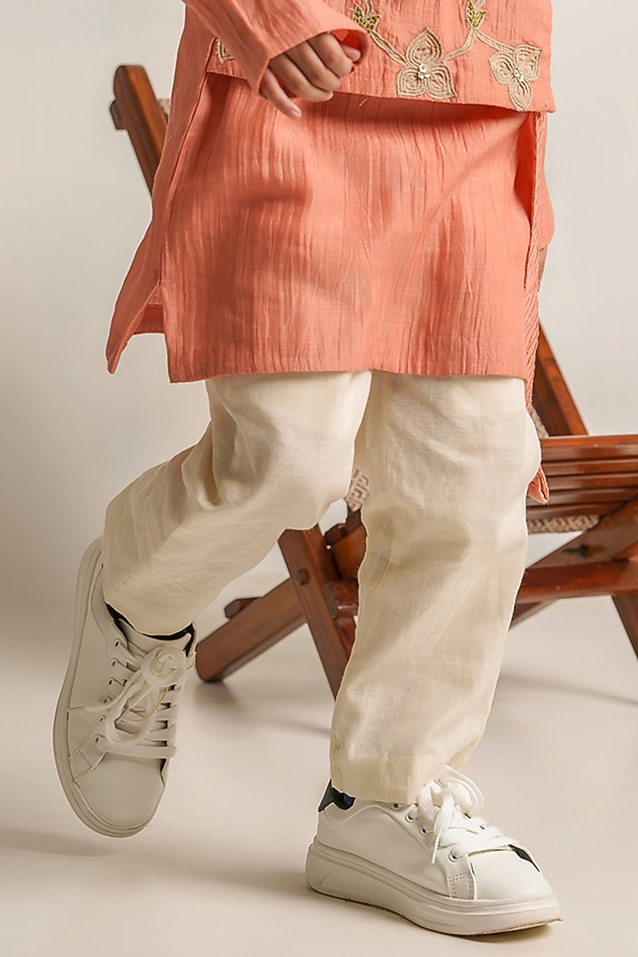 Peach Embroidered Kurta Set For Boys by The Right Cut Kids at Pernia's Pop Up Shop