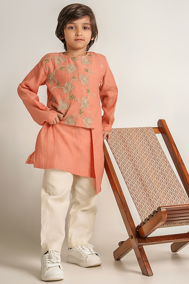Peach Embroidered Kurta Set For Boys by The Right Cut Kids at Pernia's Pop Up Shop