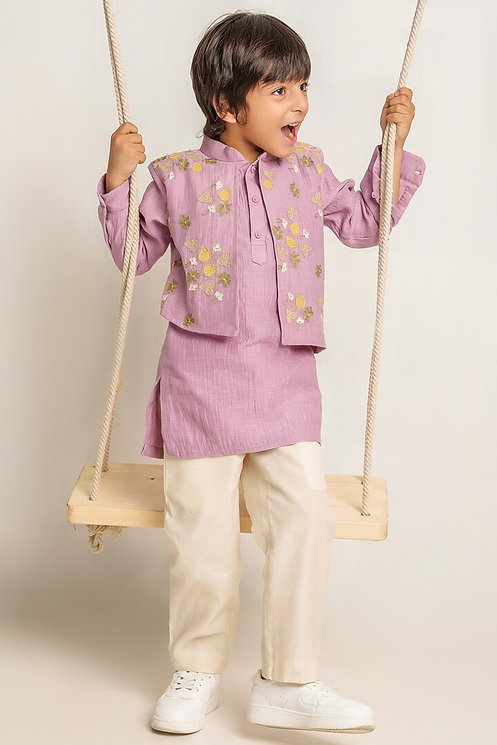 Lavender Floral Embroidered Kurta Set For Boys by The Right Cut Kids