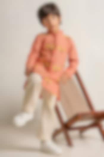 Peach Floral Embroidered Kurta Set For Boys by The Right Cut Kids