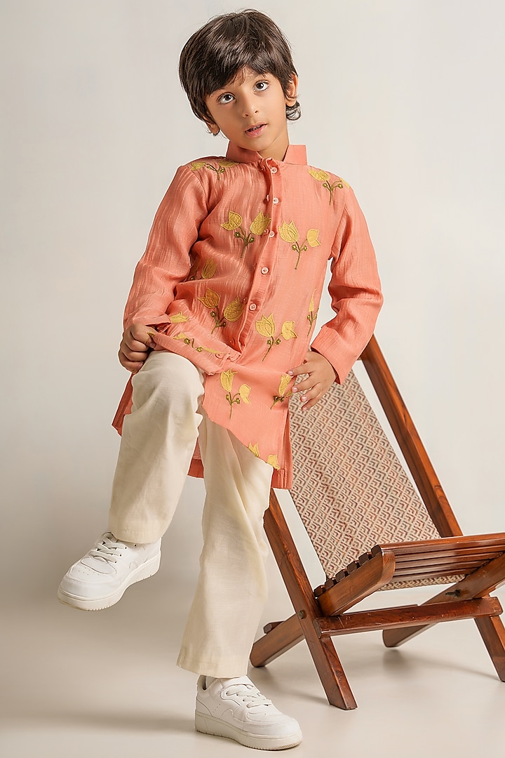 Peach Floral Embroidered Kurta Set For Boys by The Right Cut Kids