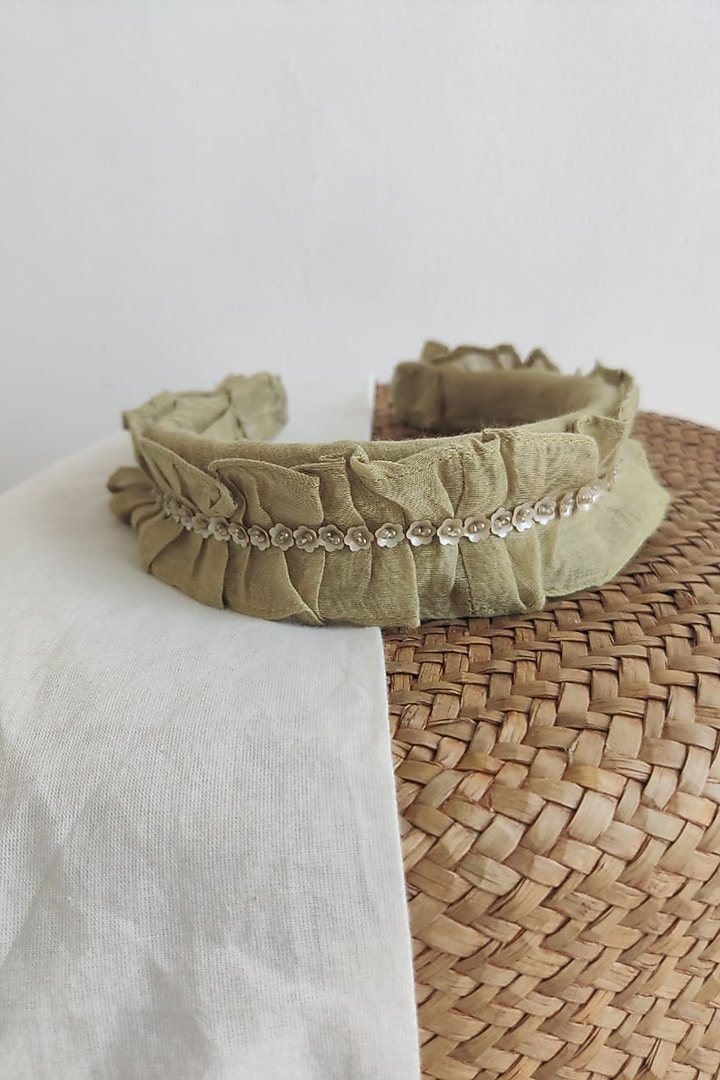 Green Ruffled Embroidered Hairband For Girls by The Right Cut Kids at Pernia's Pop Up Shop