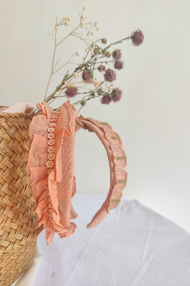 Peach Embroidered Ruffled Hairband For Girls by The Right Cut Kids at Pernia's Pop Up Shop