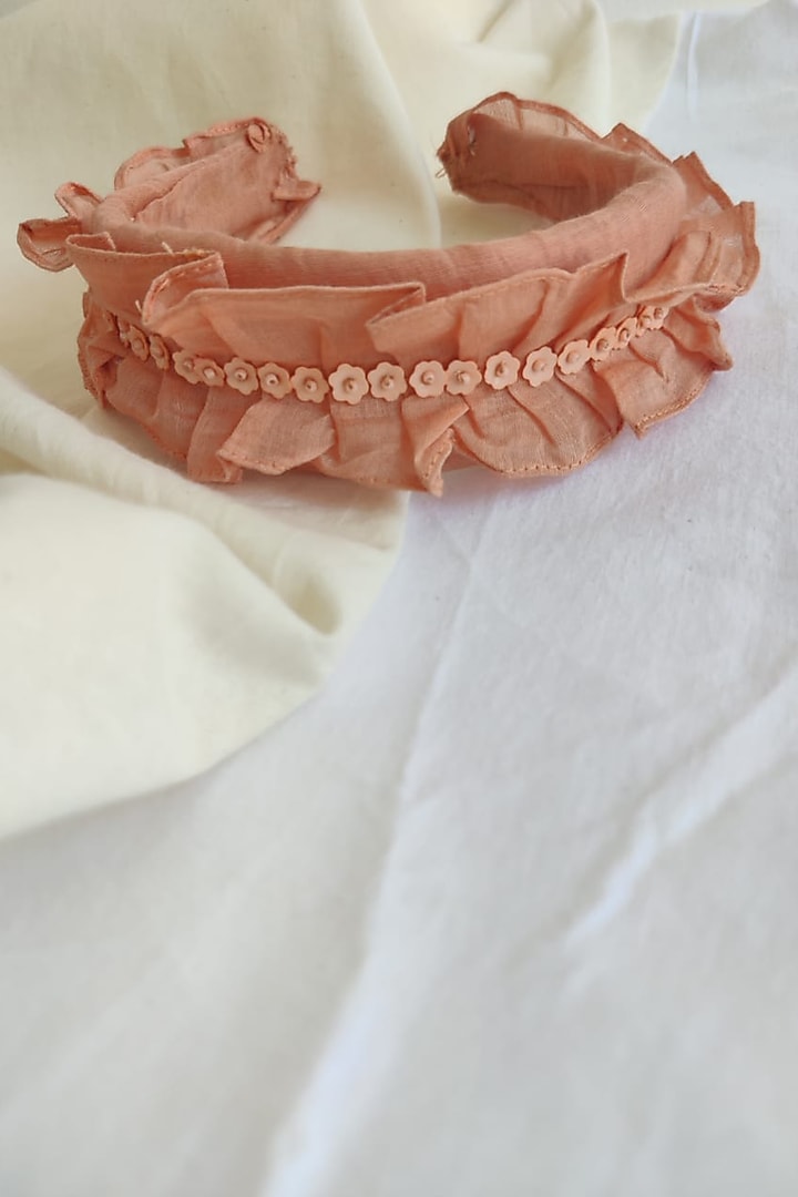 Peach Embroidered Ruffled Hairband For Girls by The Right Cut Kids at Pernia's Pop Up Shop