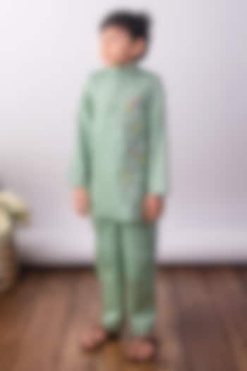 Pistachio Green Cotton Satin Floral Hand Embroidered Kurta Set For Boys by The Right Cut Kids at Pernia's Pop Up Shop
