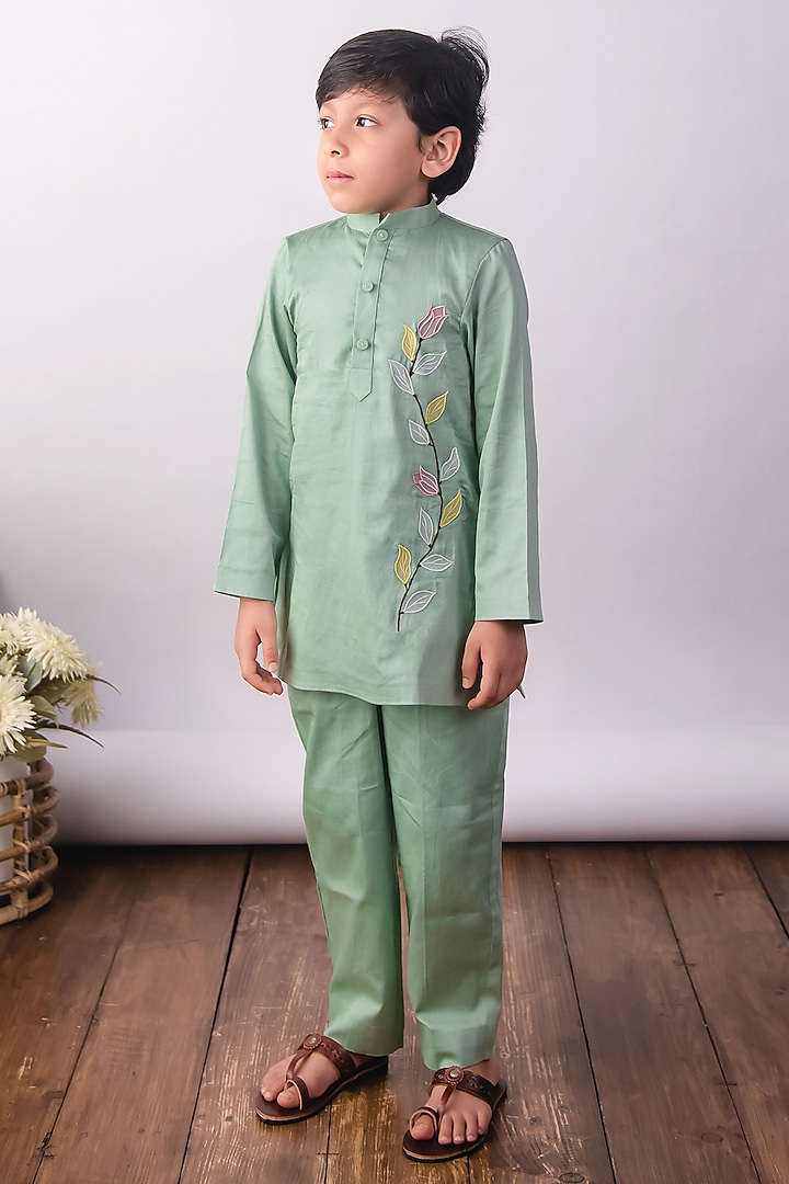 Pistachio Green Cotton Satin Floral Hand Embroidered Kurta Set For Boys by The Right Cut Kids at Pernia's Pop Up Shop