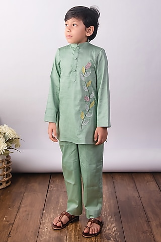 Pistachio Green Cotton Satin Floral Hand Embroidered Kurta Set For Boys by The Right Cut Kids
