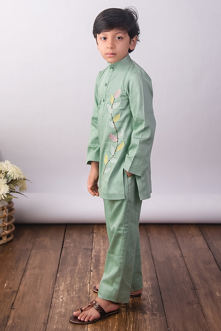 Pistachio Green Cotton Satin Floral Hand Embroidered Kurta Set For Boys by The Right Cut Kids at Pernia's Pop Up Shop