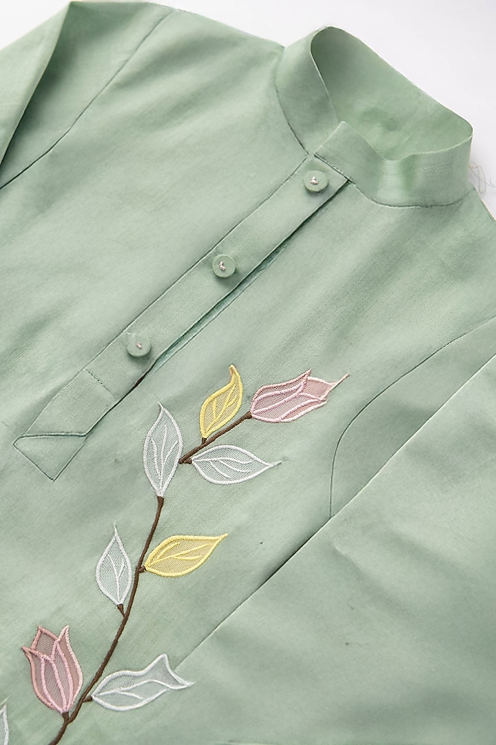 Pistachio Green Cotton Satin Floral Hand Embroidered Kurta Set For Boys by The Right Cut Kids at Pernia's Pop Up Shop