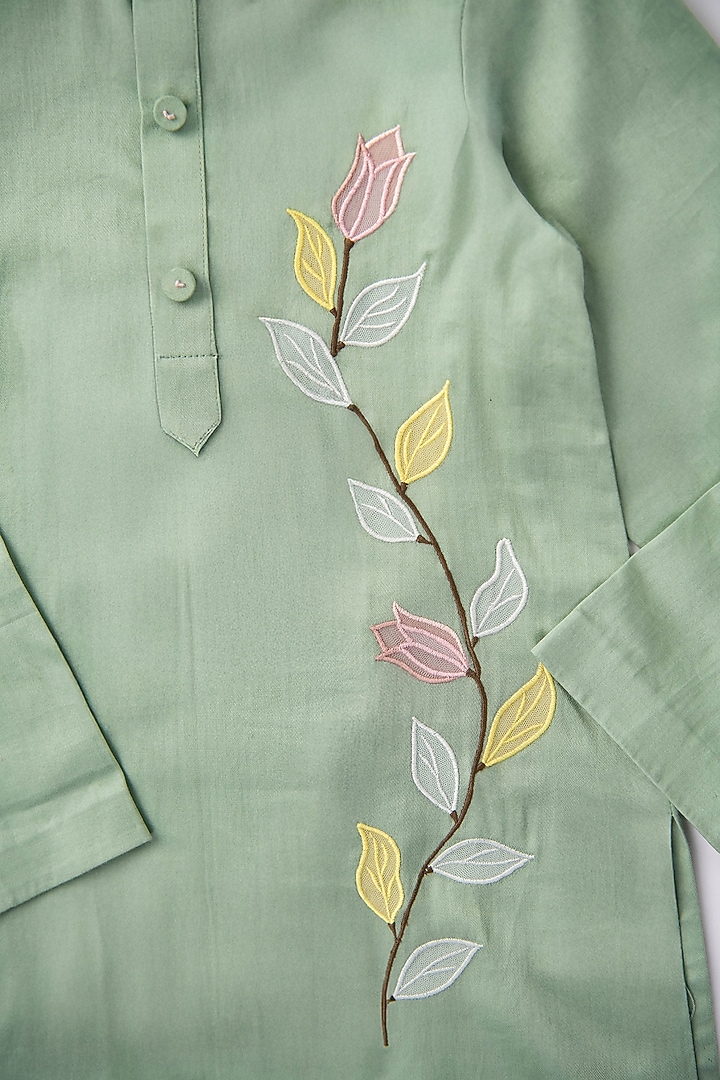 Pistachio Green Cotton Satin Floral Hand Embroidered Kurta Set For Boys by The Right Cut Kids at Pernia's Pop Up Shop
