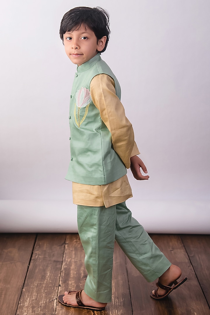 Mint Green Pure Cotton Satin Nehru Jacket Set For Boys by The Right Cut Kids at Pernia's Pop Up Shop
