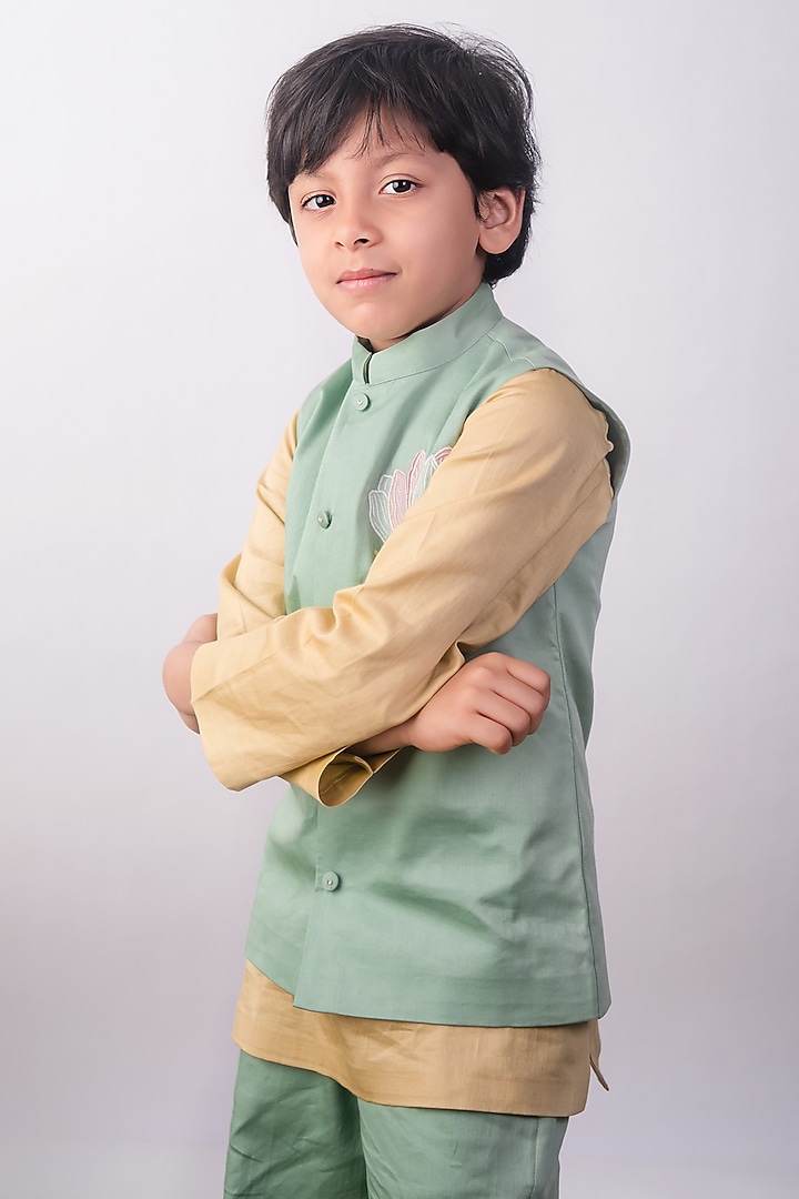 Mint Green Pure Cotton Satin Nehru Jacket Set For Boys by The Right Cut Kids at Pernia's Pop Up Shop