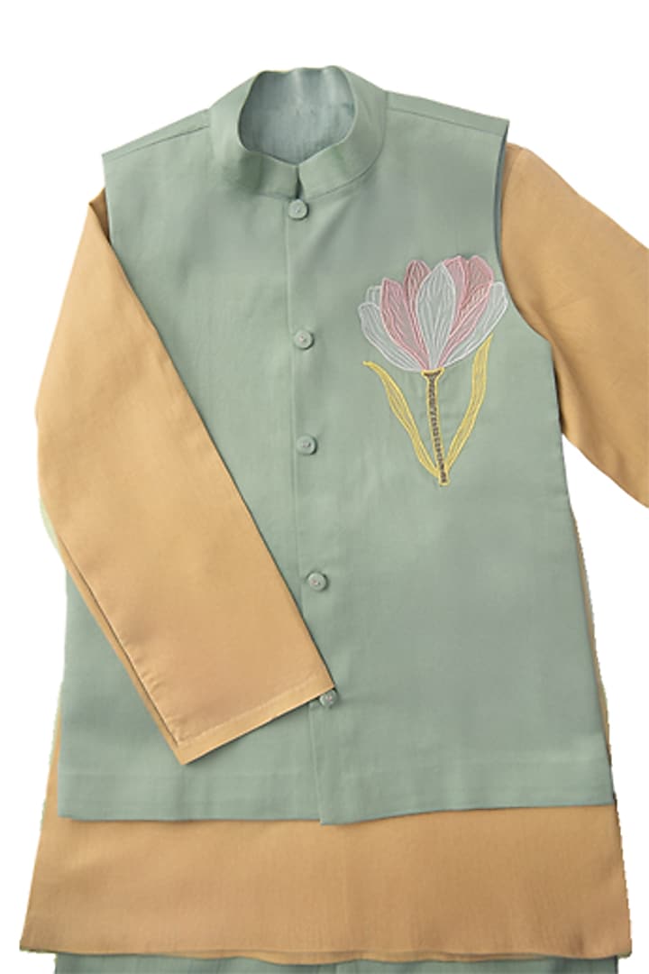 Mint Green Pure Cotton Satin Nehru Jacket Set For Boys by The Right Cut Kids at Pernia's Pop Up Shop