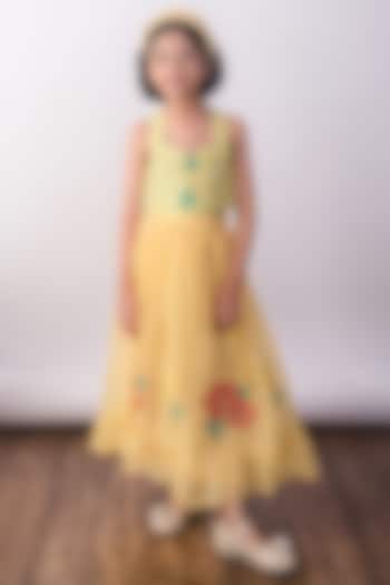 Lime Yellow Pure Organza Floral Embroidered Layered Skirt Set For Girls by The Right Cut Kids at Pernia's Pop Up Shop