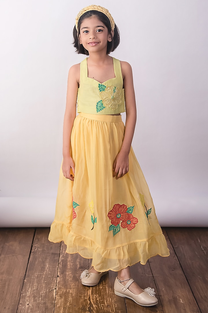 Lime Yellow Pure Organza Floral Embroidered Layered Skirt Set For Girls by The Right Cut Kids at Pernia's Pop Up Shop