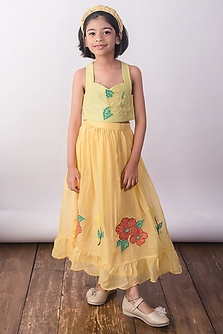 Lime Yellow Pure Organza Floral Embroidered Layered Skirt Set For Girls by The Right Cut Kids