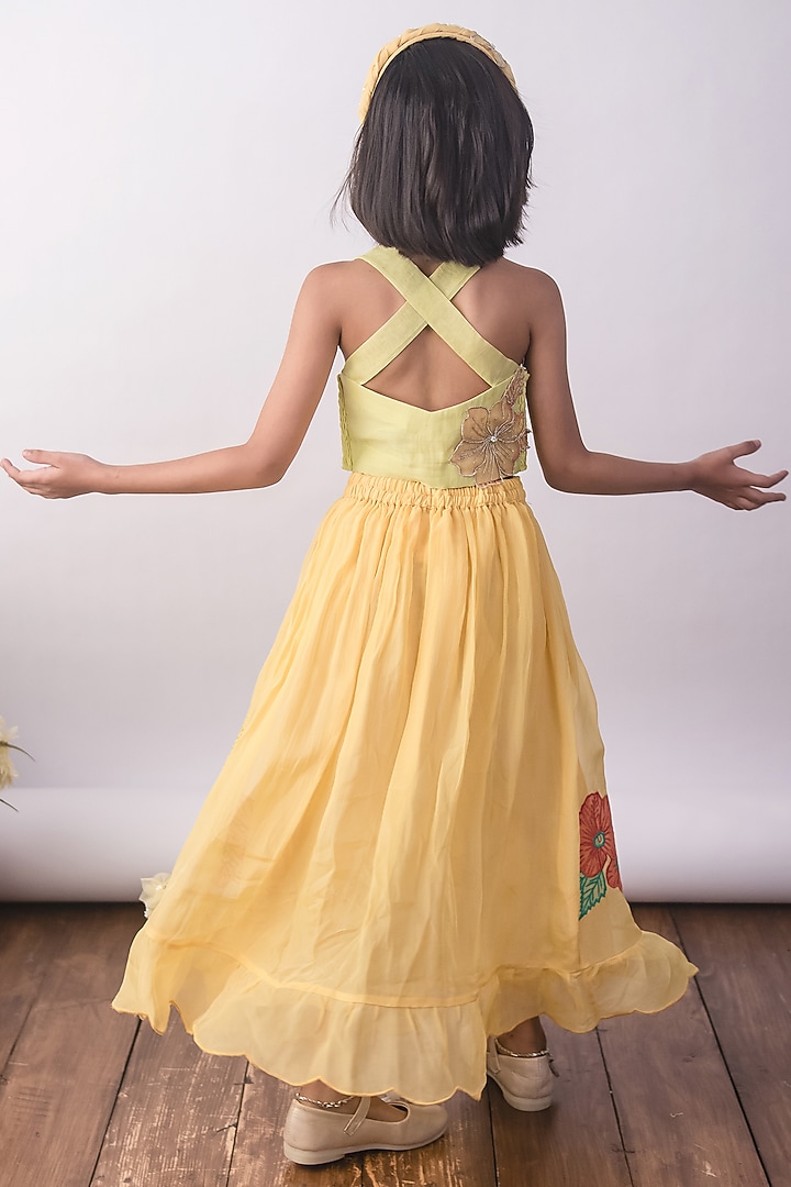 Lime Yellow Pure Organza Floral Embroidered Layered Skirt Set For Girls by The Right Cut Kids at Pernia's Pop Up Shop