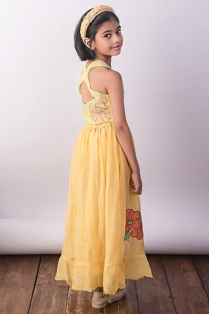 Lime Yellow Pure Organza Floral Embroidered Layered Skirt Set For Girls by The Right Cut Kids at Pernia's Pop Up Shop
