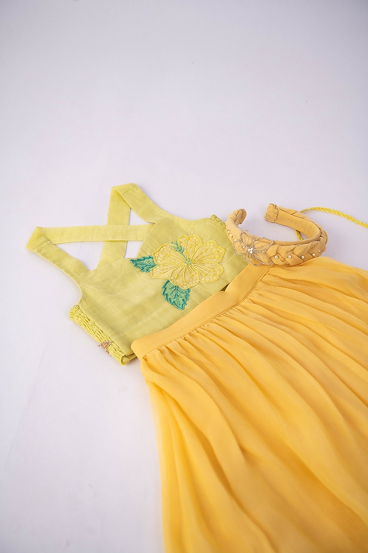 Lime Yellow Pure Organza Floral Embroidered Layered Skirt Set For Girls by The Right Cut Kids at Pernia's Pop Up Shop