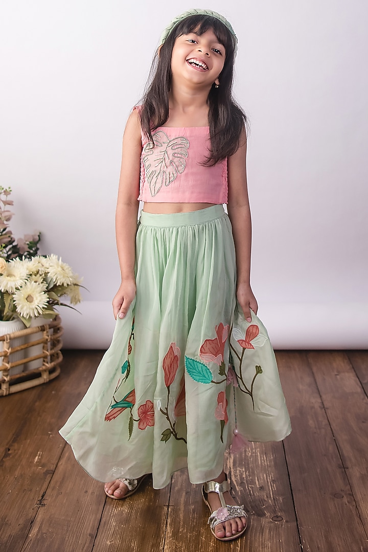 Mint Green Pure Organza Thread Work Skirt Set For Girls by The Right Cut Kids at Pernia's Pop Up Shop