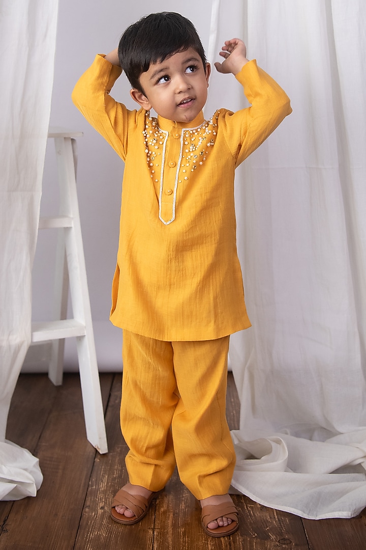 Mustard Yellow Chanderi Pearl & Mirror Embroidered Kurta Set For Boys by The Right Cut Kids at Pernia's Pop Up Shop
