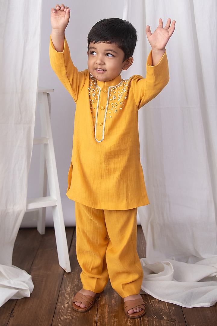 Mustard Yellow Chanderi Pearl & Mirror Embroidered Kurta Set For Boys by The Right Cut Kids at Pernia's Pop Up Shop