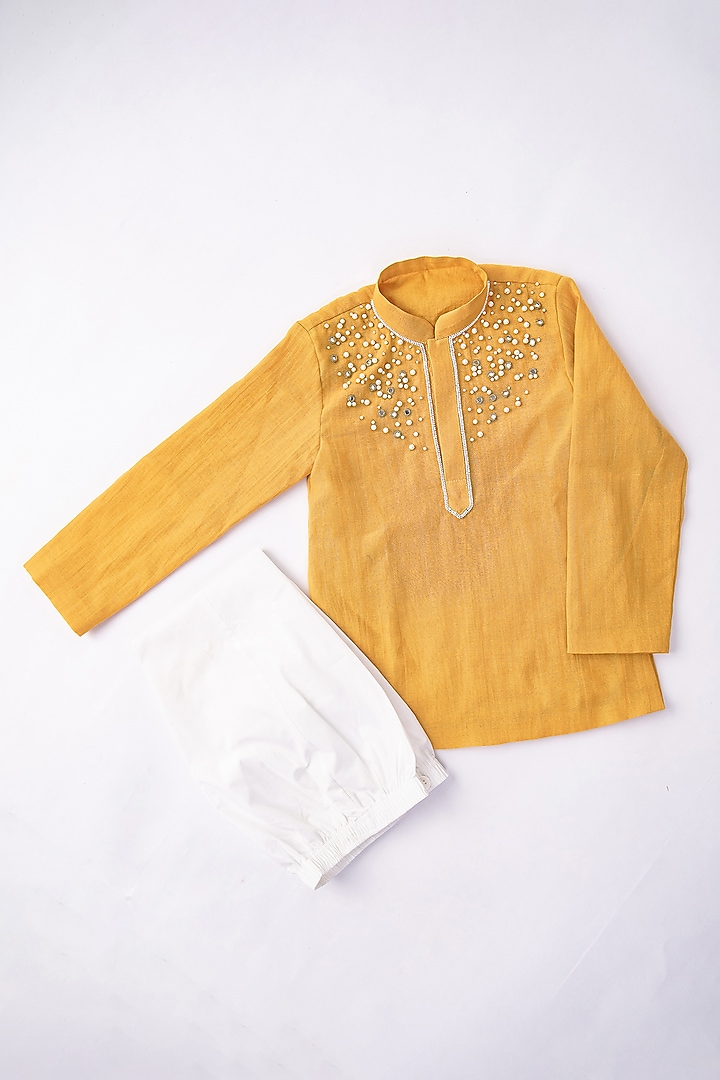 Mustard Yellow Chanderi Pearl & Mirror Embroidered Kurta Set For Boys by The Right Cut Kids at Pernia's Pop Up Shop