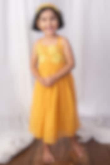 Mustard Yellow Soft Chanderi Cutwork Embroidered Dress For Girls by The Right Cut Kids at Pernia's Pop Up Shop