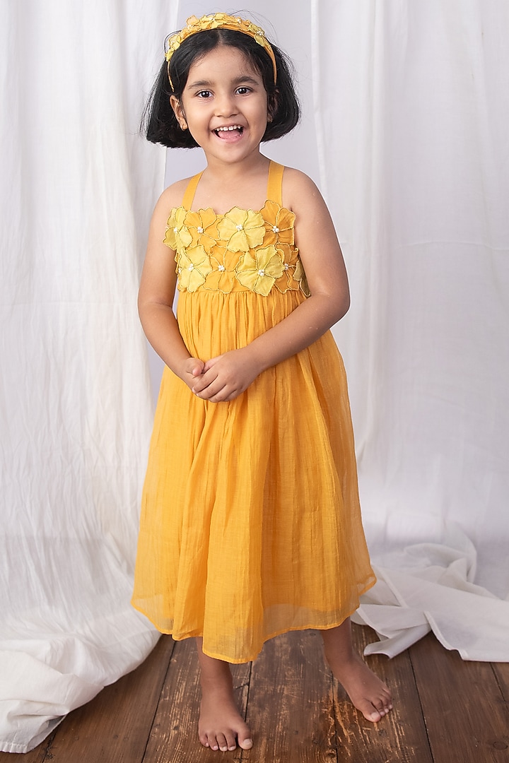Mustard Yellow Soft Chanderi Cutwork Embroidered Dress For Girls by The Right Cut Kids at Pernia's Pop Up Shop
