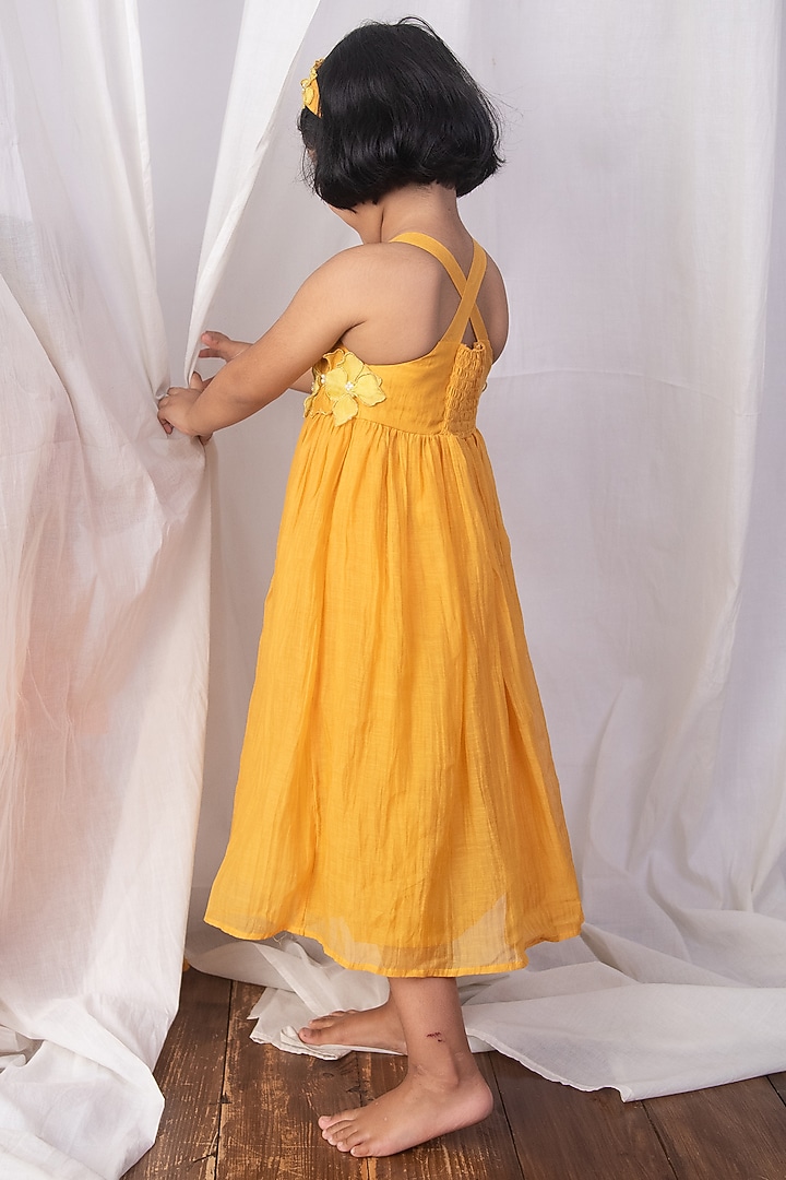 Mustard Yellow Soft Chanderi Cutwork Embroidered Dress For Girls by The Right Cut Kids at Pernia's Pop Up Shop