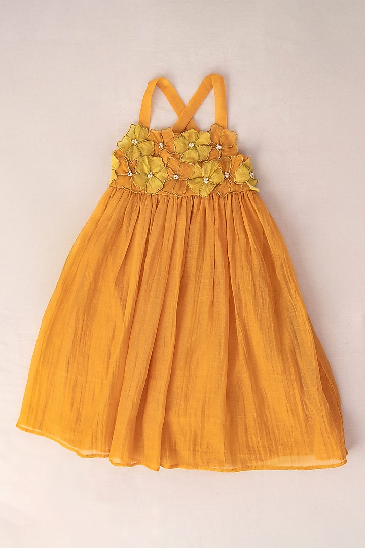 Mustard Yellow Soft Chanderi Cutwork Embroidered Dress For Girls by The Right Cut Kids at Pernia's Pop Up Shop
