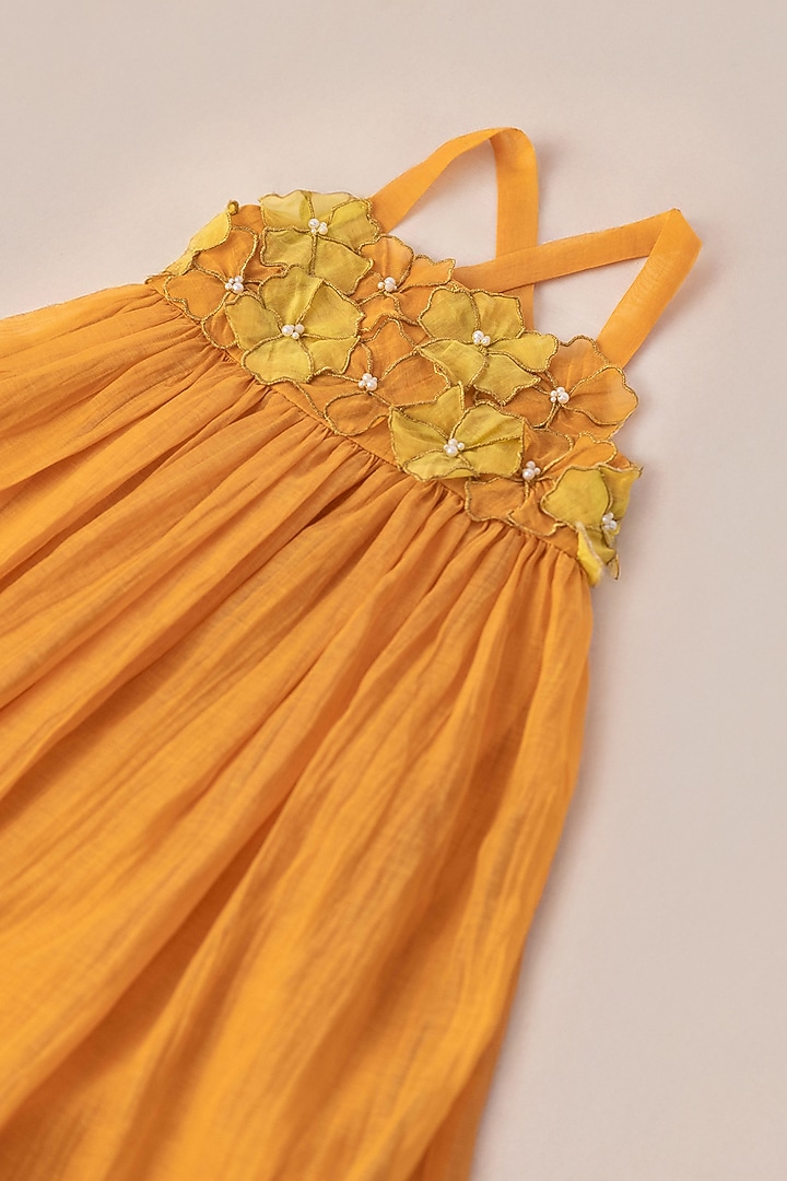 Mustard Yellow Soft Chanderi Cutwork Embroidered Dress For Girls by The Right Cut Kids at Pernia's Pop Up Shop