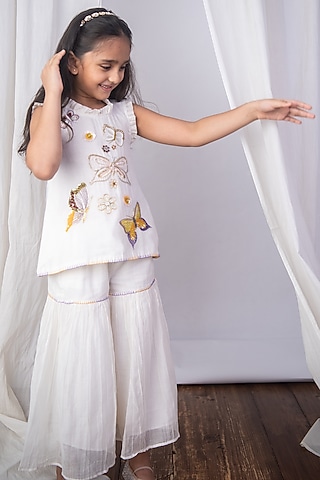 White Soft Chanderi Sharara Set For Girls by The Right Cut Kids