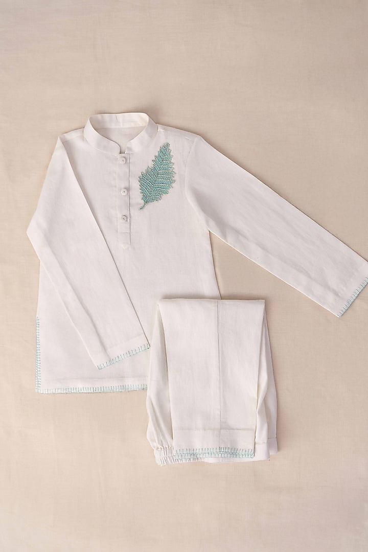 White Pure Cotton Feather Embroidered Kurta Set For Boys by The Right Cut Kids at Pernia's Pop Up Shop