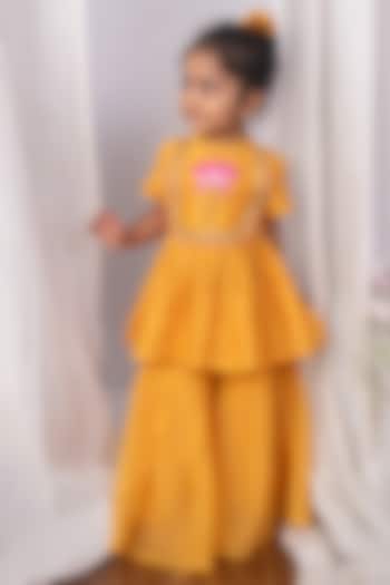 Mustard Yellow Chanderi Gathered Sharara Set For Girls by The Right Cut Kids at Pernia's Pop Up Shop
