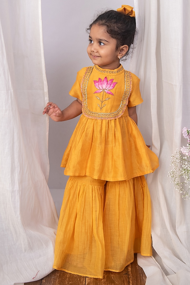 Mustard Yellow Chanderi Gathered Sharara Set For Girls by The Right Cut Kids at Pernia's Pop Up Shop