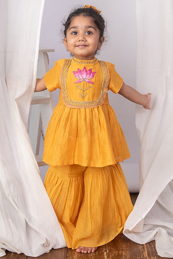 Mustard Yellow Chanderi Gathered Sharara Set For Girls by The Right Cut Kids at Pernia's Pop Up Shop