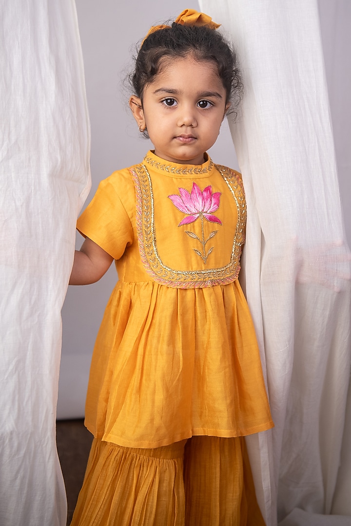 Mustard Yellow Chanderi Gathered Sharara Set For Girls by The Right Cut Kids at Pernia's Pop Up Shop