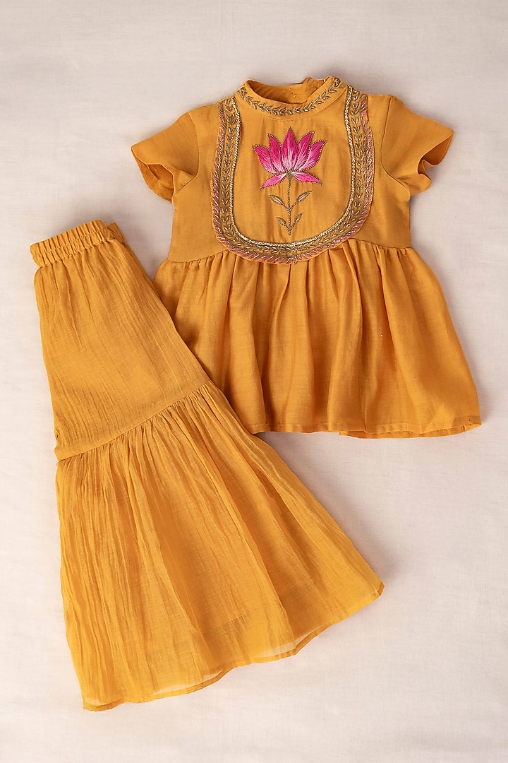 Mustard Yellow Chanderi Gathered Sharara Set For Girls by The Right Cut Kids at Pernia's Pop Up Shop