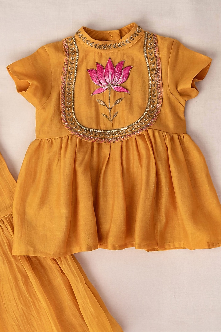 Mustard Yellow Chanderi Gathered Sharara Set For Girls by The Right Cut Kids at Pernia's Pop Up Shop