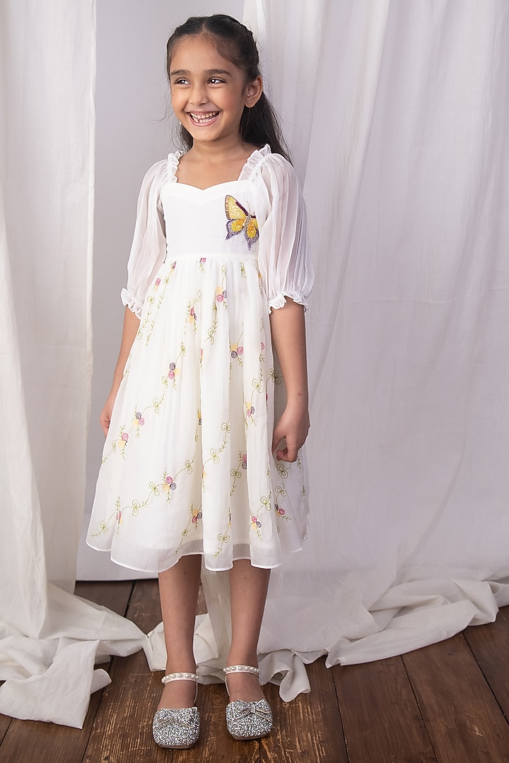 White Pure Organza Floral Thread Embroidered Dress For Girls by The Right Cut Kids at Pernia's Pop Up Shop