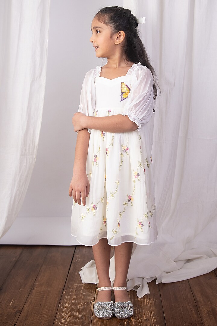 White Pure Organza Floral Thread Embroidered Dress For Girls by The Right Cut Kids at Pernia's Pop Up Shop